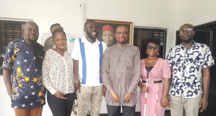 From L/R: Mr Nwadinobi Okezie( Communications manager See Through Foundation) Mrs Precious Ogechukwu, ( The Secretary See Through Foundation) Mr Ogechukwu Igboamaghi Kalu,( Executive Director, See Through Foundation) Mr David Obinna Anyaele Chairman Abia State Commission for the Welfare of the Disabled Persons, Miss Chioma Precious Ekoro ( Programs Lead See Through Foundation , and Mr Peter Maduako( ICT Advisor See Through Foundation)