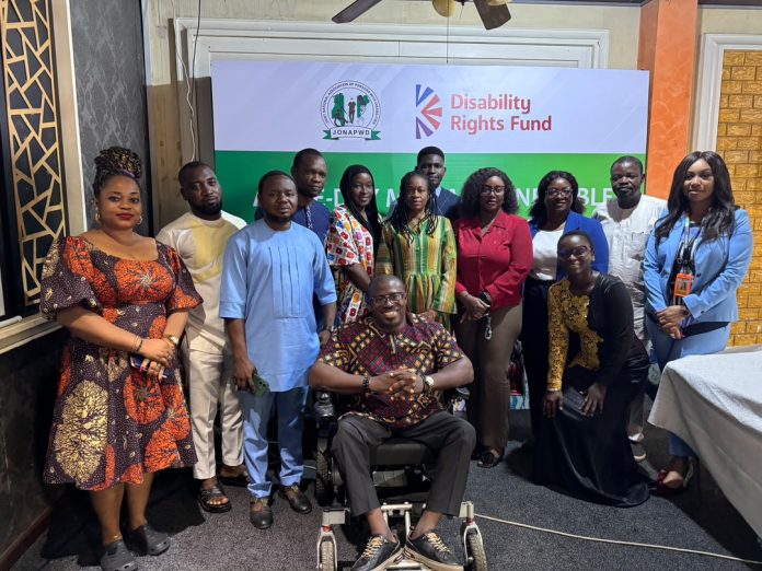 A picture of the participants at the one-day Media Roundtable on Nigeria's 2025 Global Disability Summit (GDS) commitments. The images feature male and female representatives from various media organizations across the Federal Capital Territory (FCT), Nigeria, engaging in discussions on disability inclusion, accountability, and the role of the media in advancing Nigeria's disability rights commitments.